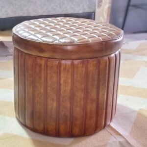Indian Leather Round Storage Ottoman